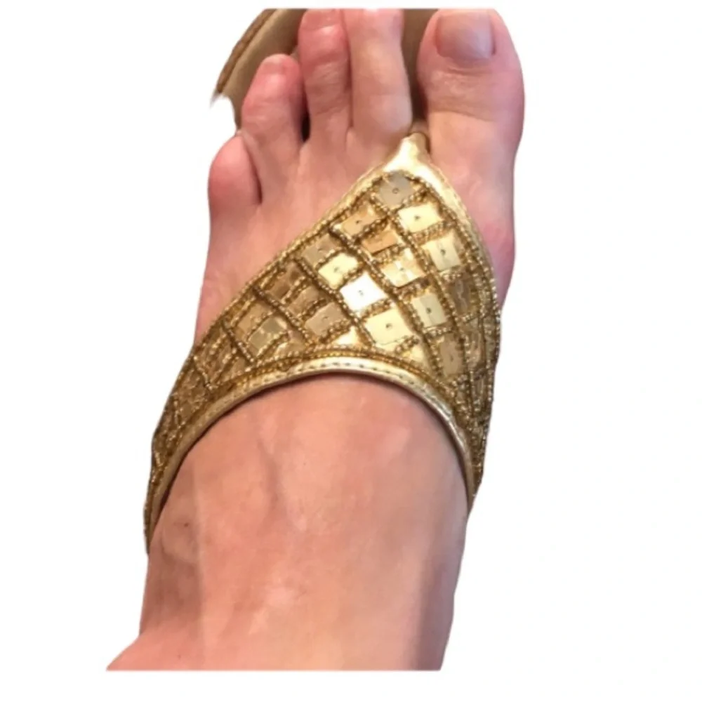 Gold sequin size 10 wedge’s with seed beads and square sequins,Cork heel